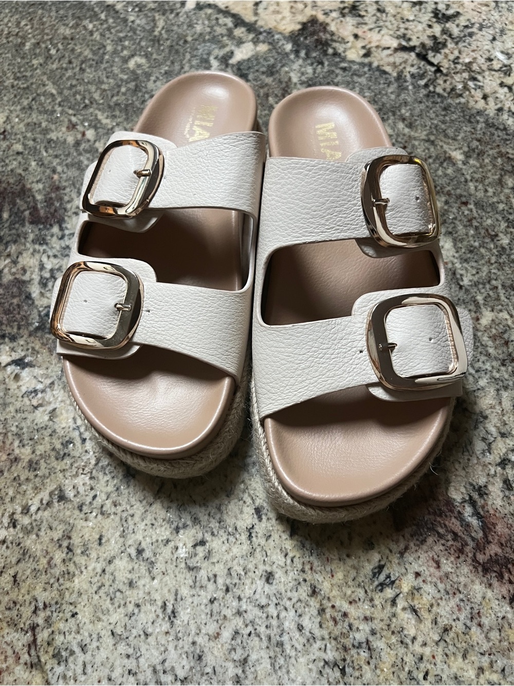MIA White Double-Buckle Espadrille Slide Sandals